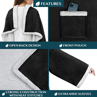 PAVILIA Wearable Blanket with Sleeves and Pocket for Women Men, Sherpa Trim