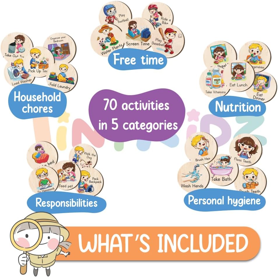 TinyKidz Wooden Daily Routine Chart 11x15, Schedule Board for Kids, Wooden Chore Chart for Kids, Responsibilities Chart for Toddlers, Morning Bedtime Routine for Toddlers