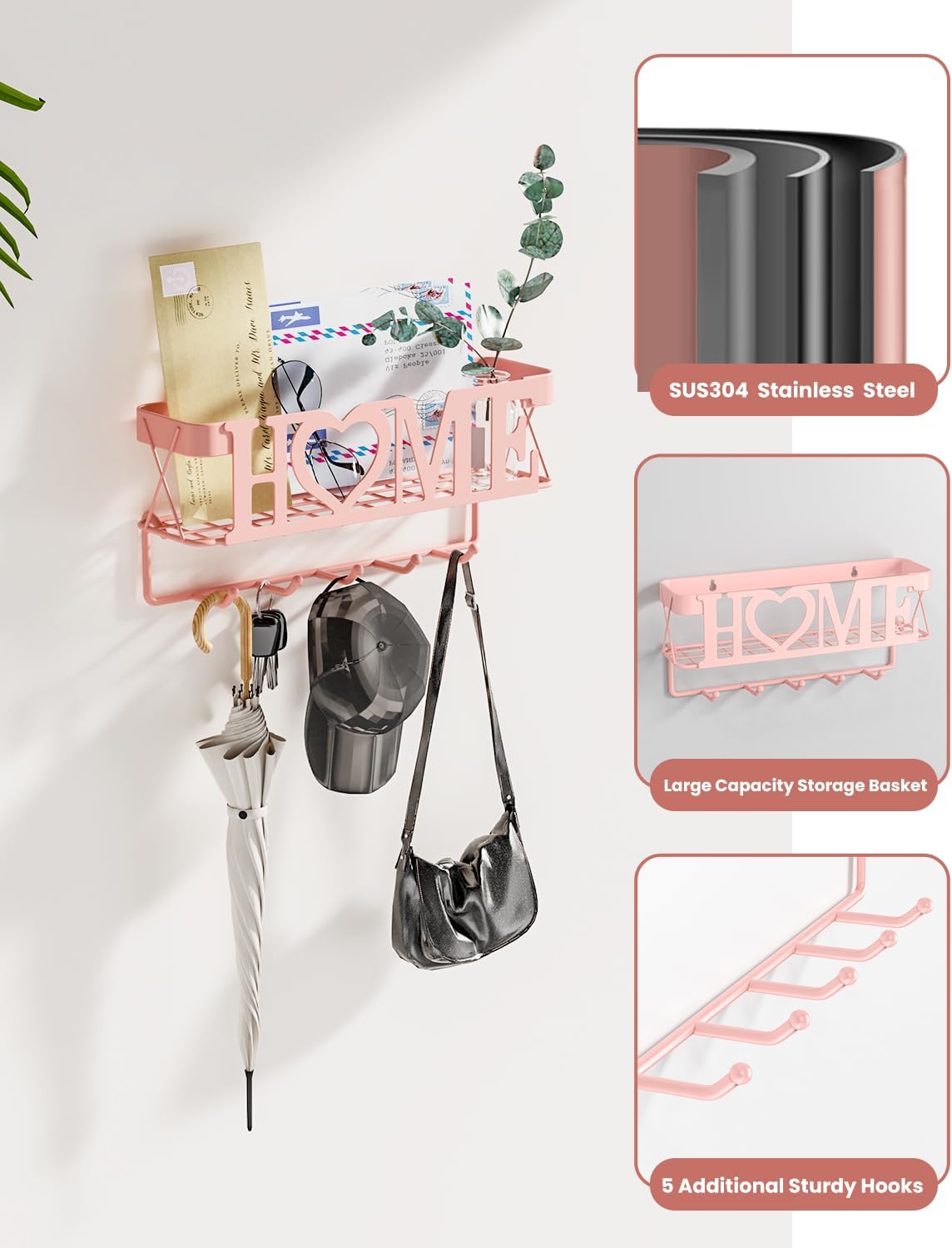 Key Holder for Wall - Key Rack with 5 Key Hooks, 11.02" L×2.75" W×4.92" H, Key and Mail Organizer Wall Mount with Mesh Basket, Key Hanger for Wall, Entryway, Home Decor(Matte Black)
