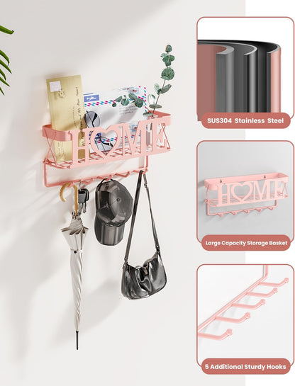 Key Holder for Wall - Key Rack with 5 Key Hooks, 11.02" L×2.75" W×4.92" H, Key and Mail Organizer Wall Mount with Mesh Basket, Key Hanger for Wall, Entryway, Home Decor(Matte Black)
