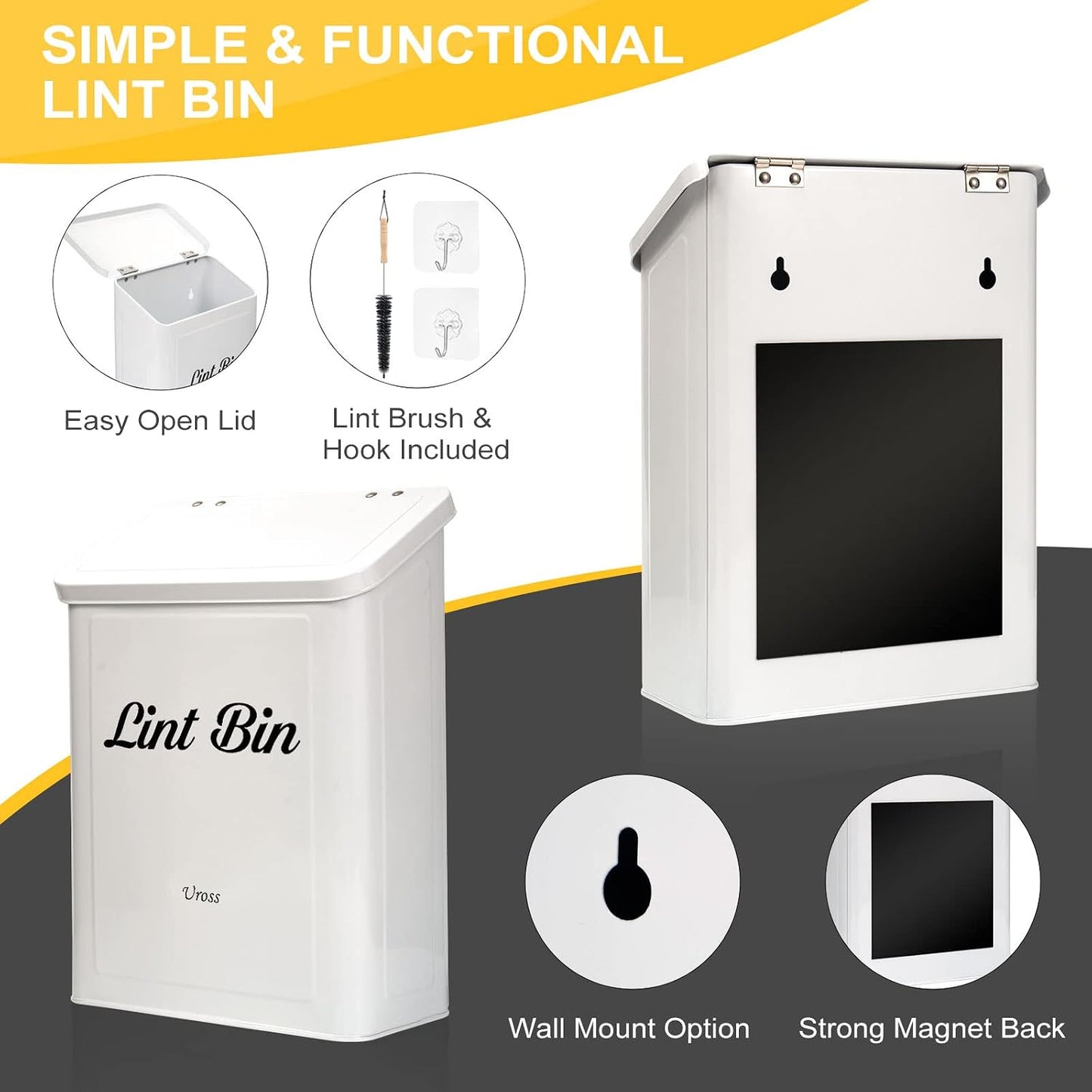 Uross Magnetic Lint Bin with Lint Brush, Metal Wall Mounted Dryer Lint Box Holder Keeper Organization with Lid, Stylish Laundry Room Decor -White