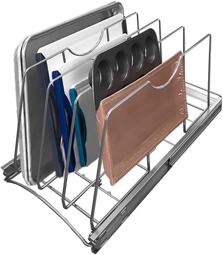 Pull Out Cookie Sheet Organizer, 10" W x 22" D x 11" H, Chrome | For Cabinet, Pan and Pot, Cutting Board, Bakeware, Tray Organizer Rack, Sliding Rack- Heavy Duty, Adjustable Divider Width