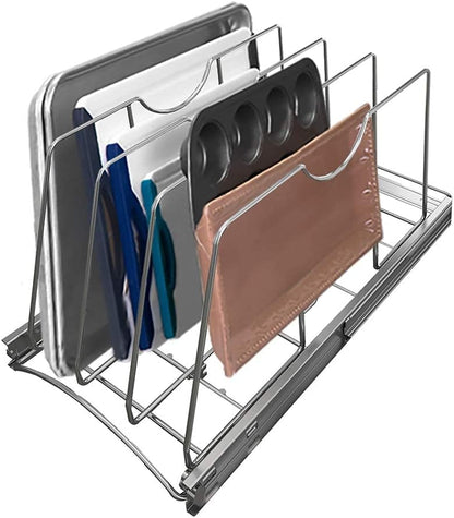 Pull Out Cookie Sheet Organizer, 10" W x 22" D x 11" H, Chrome | For Cabinet, Pan and Pot, Cutting Board, Bakeware, Tray Organizer Rack, Sliding Rack- Heavy Duty, Adjustable Divider Width