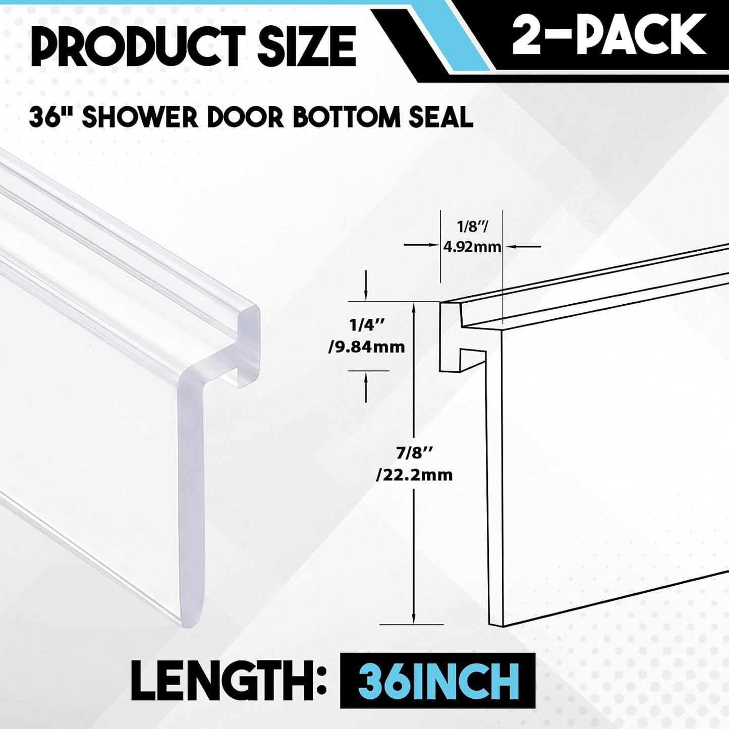 Lineshading 2 Pack Vinyl Shower Door Bottom Seal, 36-inch Shower Door Bottom Sweep Strip, Clear(3 Horizontal Bars)