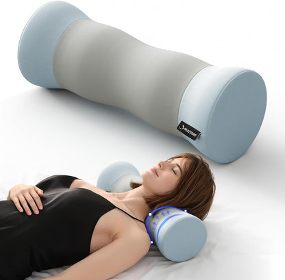 Neck Roll Pillow - Cooling Cover Round Neck Pillow for Sleeping - Memory Foam Cervical Support Pillow - Ergonomic Cylinder Pillows for Neck, Leg, Back, Yoga, Relaxing (Blue Grey)