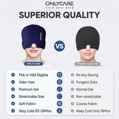 ONLYCARE Migraine Relief Cap, Headache Relief Cold Cap with Odorless Gel | Cooling Hat Head Wrap Soothing Face Ice Pack Mask Products for Tension Stress Hangover & Puffy Eyes, Relaxing Gifts for Women