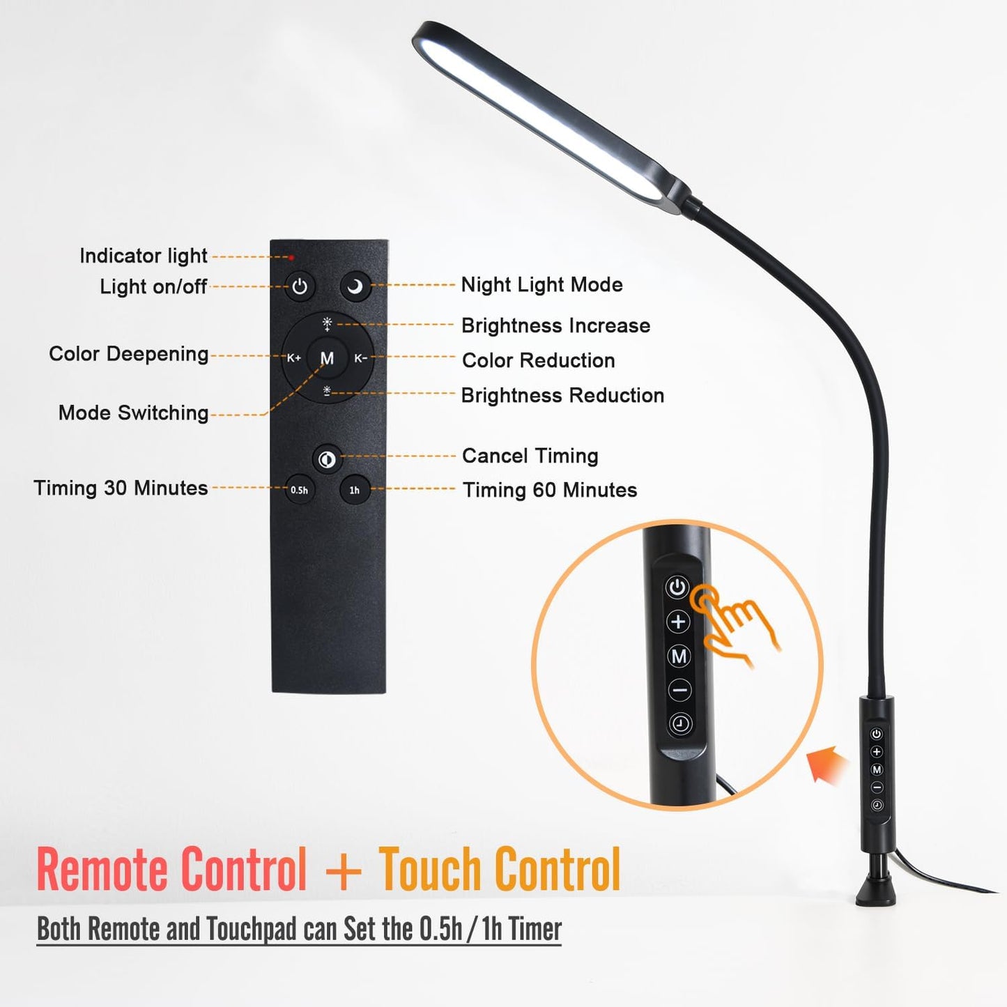 18W 3000LM LED Clamp Desk Lamp | CRI 95 Eye-Caring Light with Remote & Touch Control, 360 Flexible Gooseneck, 3 Color Modes for Home Office(Adapter Included)