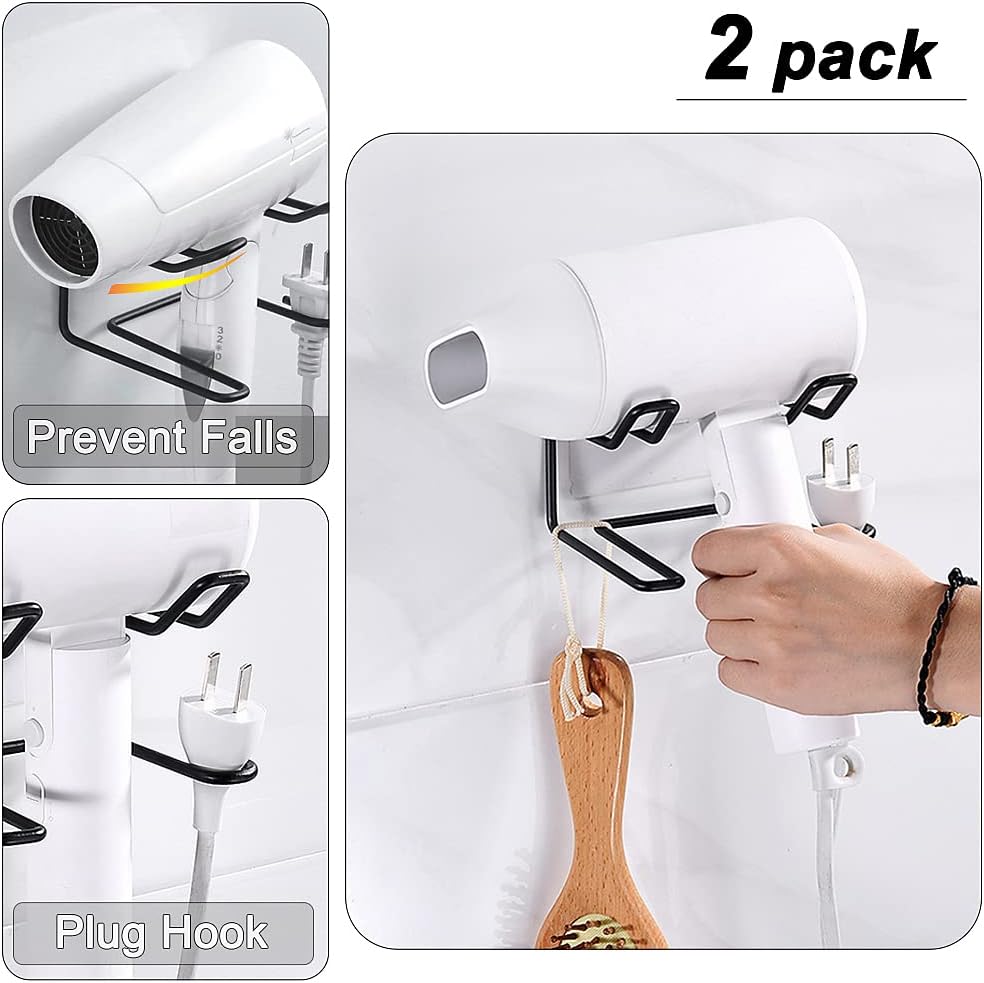 2 Pack Hair Dryer Holder, Wall Mount Self Adhesive Waterproof Blow Dryer Rack Storage Organizer Hanger, Compatible with Dyson and Most Hair Blower Appliance, Brush, Curling Iron, Straightener