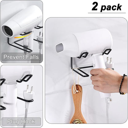 2 Pack Hair Dryer Holder, Wall Mount Self Adhesive Waterproof Blow Dryer Rack Storage Organizer Hanger, Compatible with Dyson and Most Hair Blower Appliance, Brush, Curling Iron, Straightener