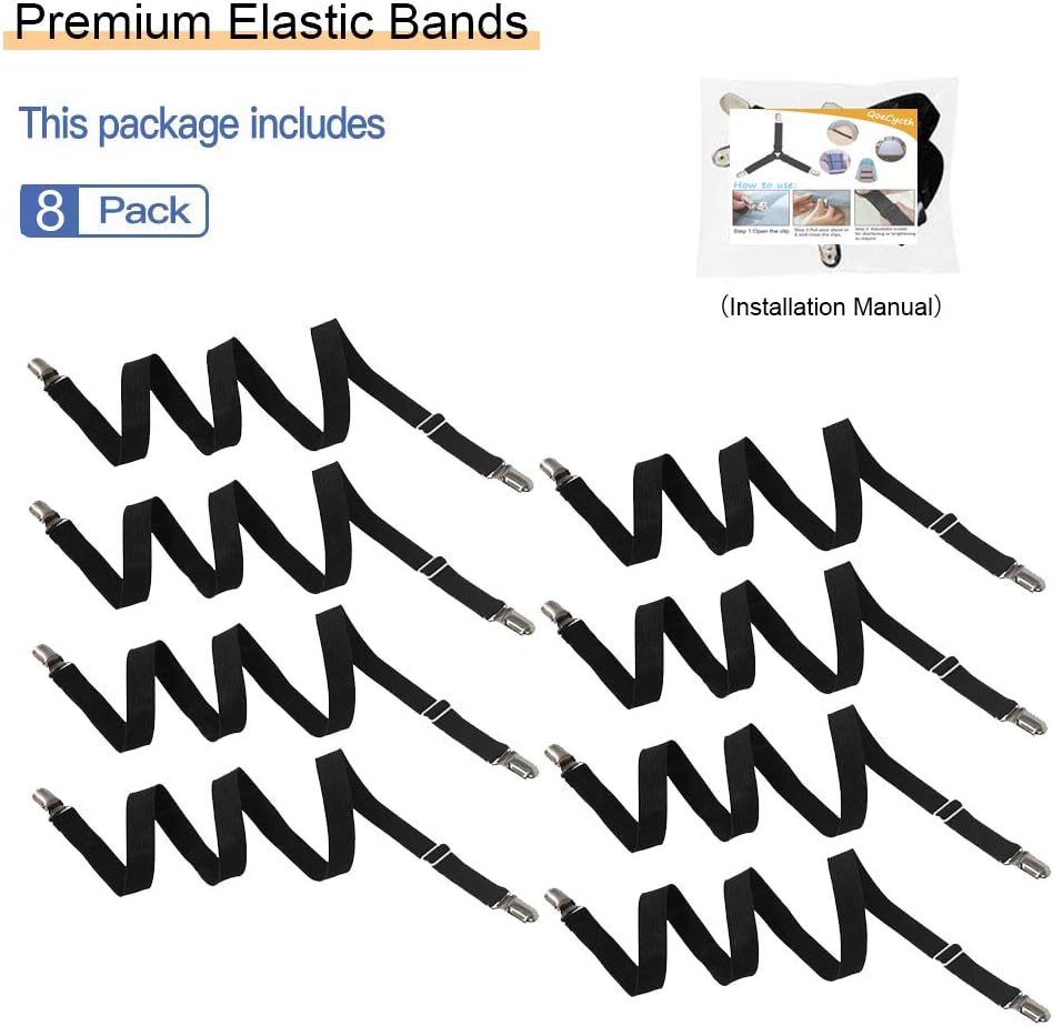 Adjustable Bed Sheet Straps Clips, Elastic Mattress Sheet Fasteners Holder and Suspenders, Grippers to Hold Sheet, Mattress, Sofa, Couch, Table Cloth, Ironing Board Cover, Black