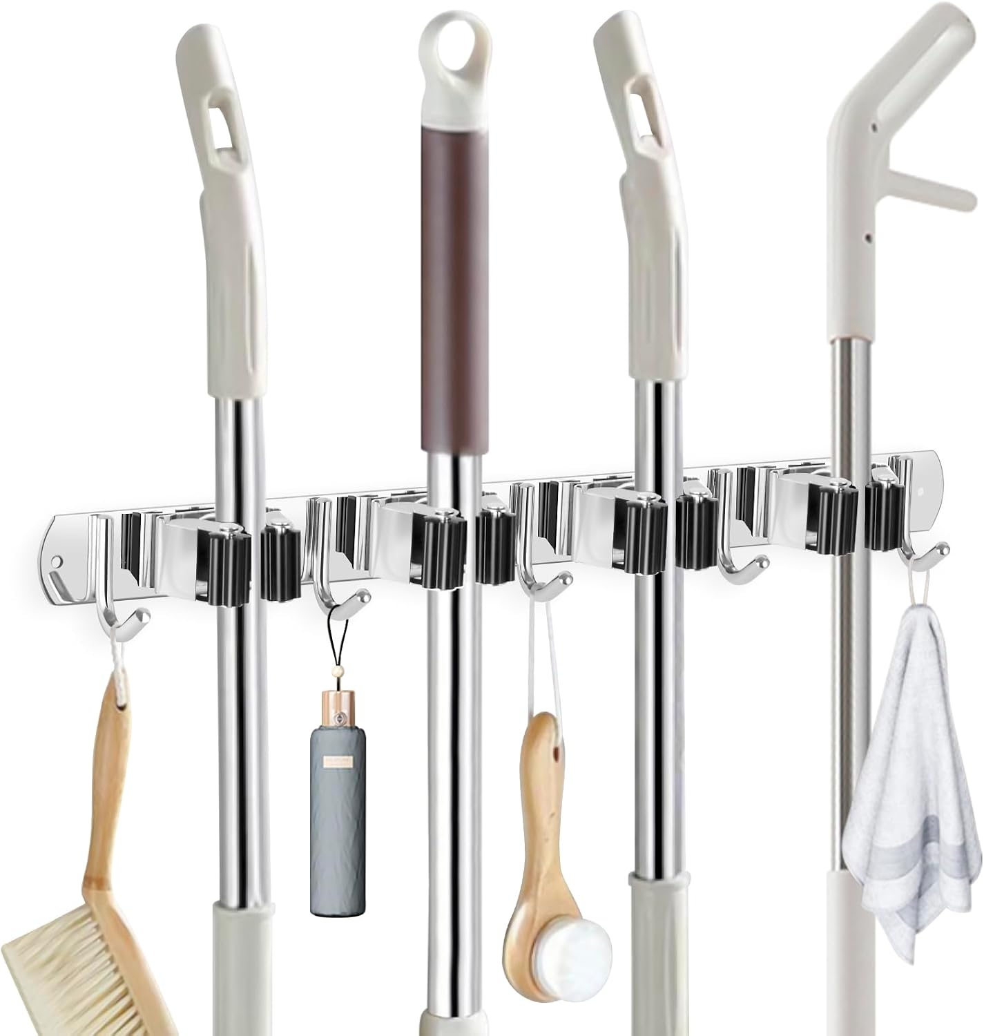 IMILLET 2 Pack Broom Holder Wall Mount Stainless Steel Mop Organizer | 5 Racks 4 Hooks Heavy Duty Garage Organization Storage,Broom and Mop Organizer Wall Hanging Self Adhesive for Laundry Room