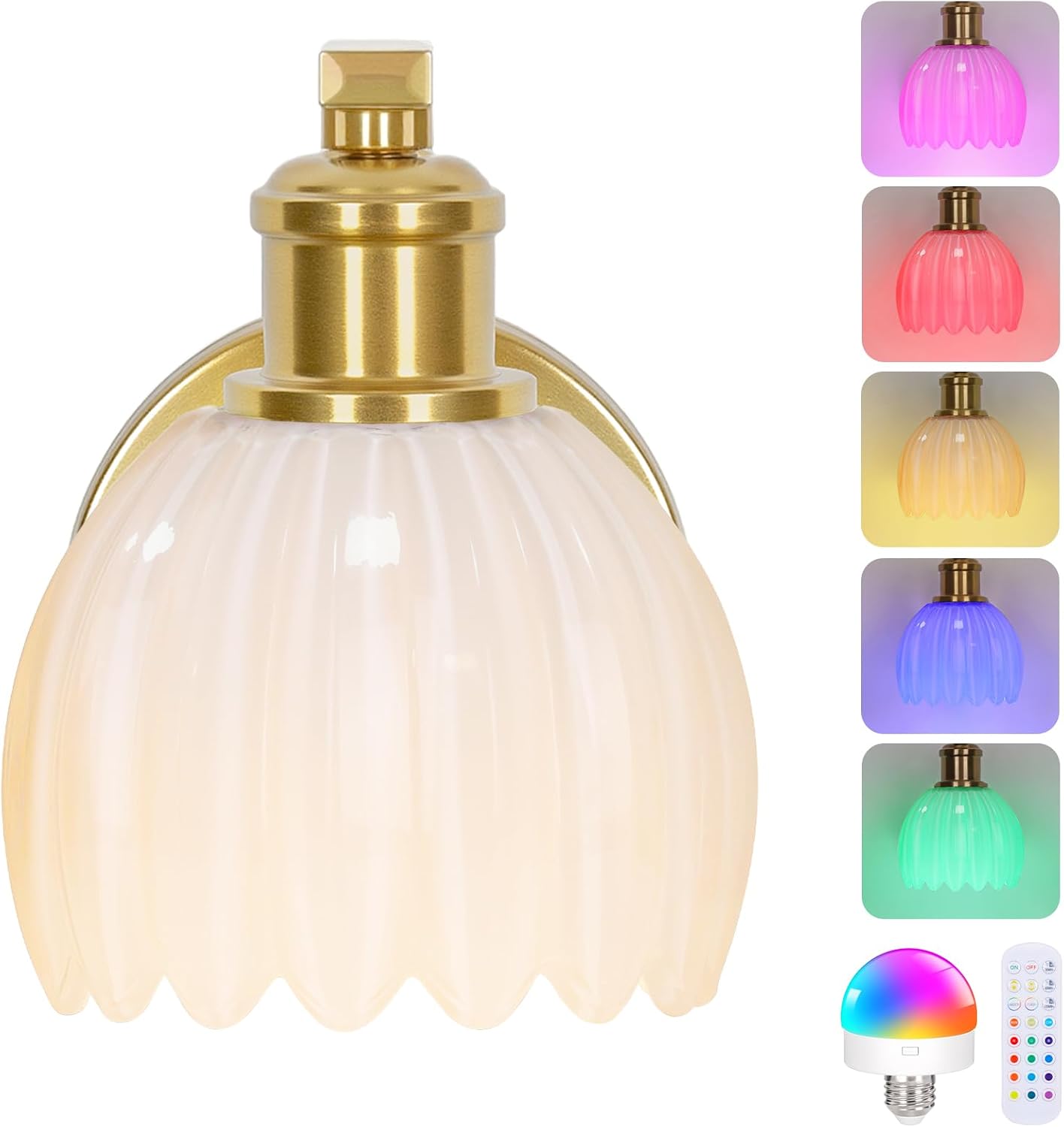 Rechargeable Battery Operated Wall Sconce Set of Two with Green Glass Lampshade, Wireless Battery Powered Wall Lamp with Remote Control, 15 Colors Gold Wall Light for Bedside Hallway Bedroom Doorway
