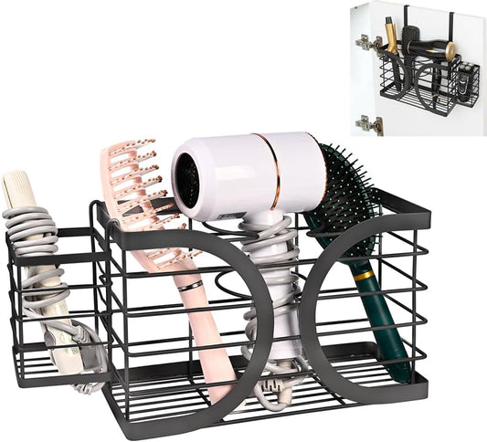Elegant White Cabinet Door/Wall Mounted 3-in-1 Hair Dryer Holder | Stylish Bathroom Organiser, For Hair Dryer & Straightener, Hair Brush & Accessories