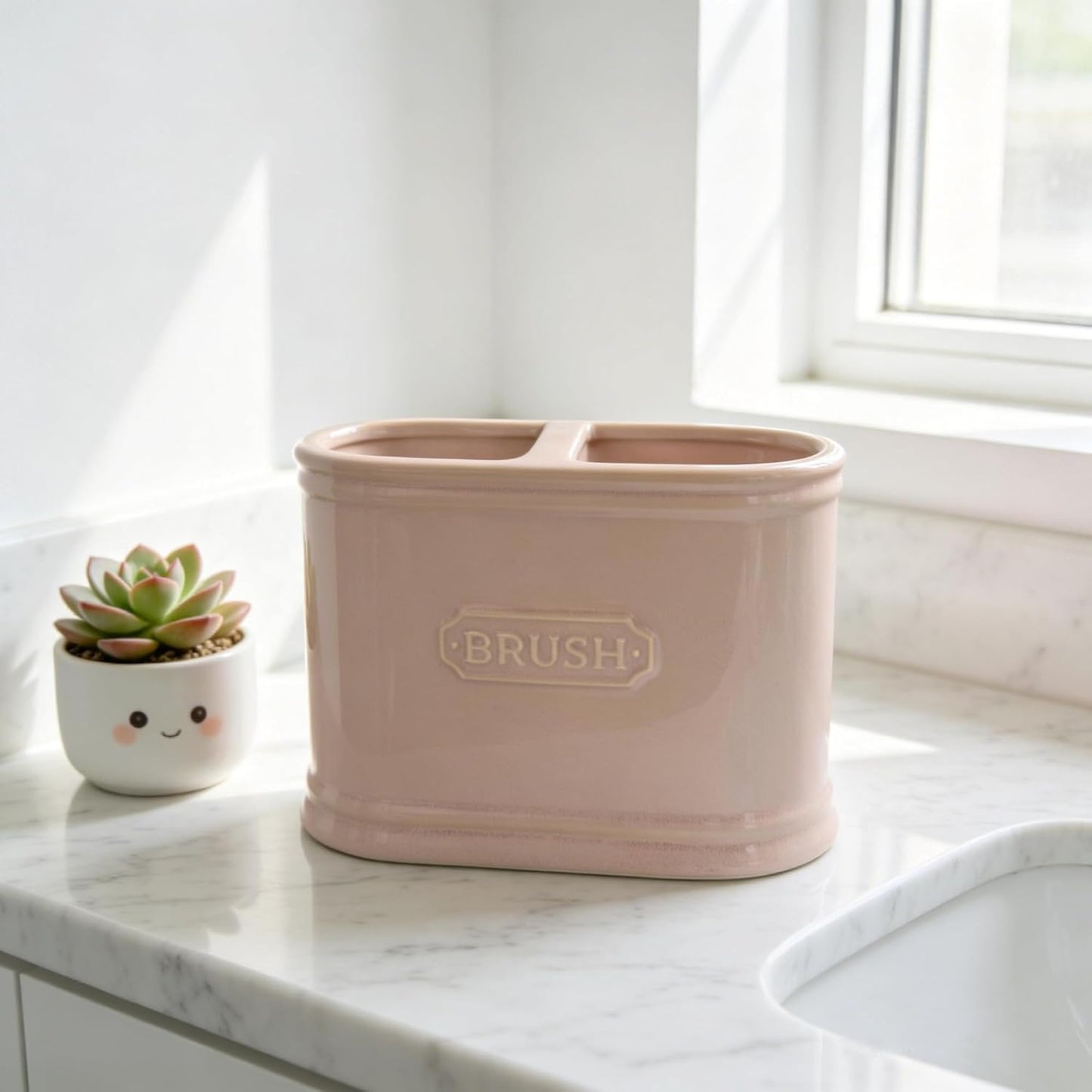 Dusty Pink Ceramic Toothbrush Holder，Bathroom countertop Organizer，Large Capacity