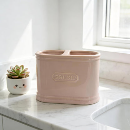 Dusty Pink Ceramic Toothbrush Holder，Bathroom countertop Organizer，Large Capacity