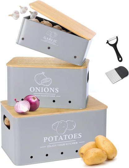 Kitchen Vegetable Storage Set of 3, Metal Onion Garlic Potato Storage Set, Kitchen Canisters Vegetable Keeper Containers with Aerating Holes and Bamboo Lid,Black