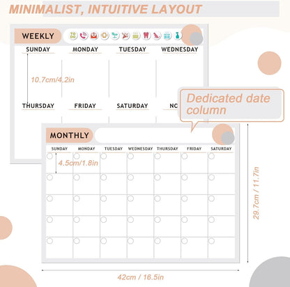 ARVOK Fridge Calendar, Magnetic Weekly & Monthly Calendar for Refrigerator- 2 Packs A3 16.5"x11.6" Reusable Planner Dry Erase Calendar Whiteboard with 4 Markers, 16 Magnets & Eraser for Family Schedule, Meal Menu, To-Do List