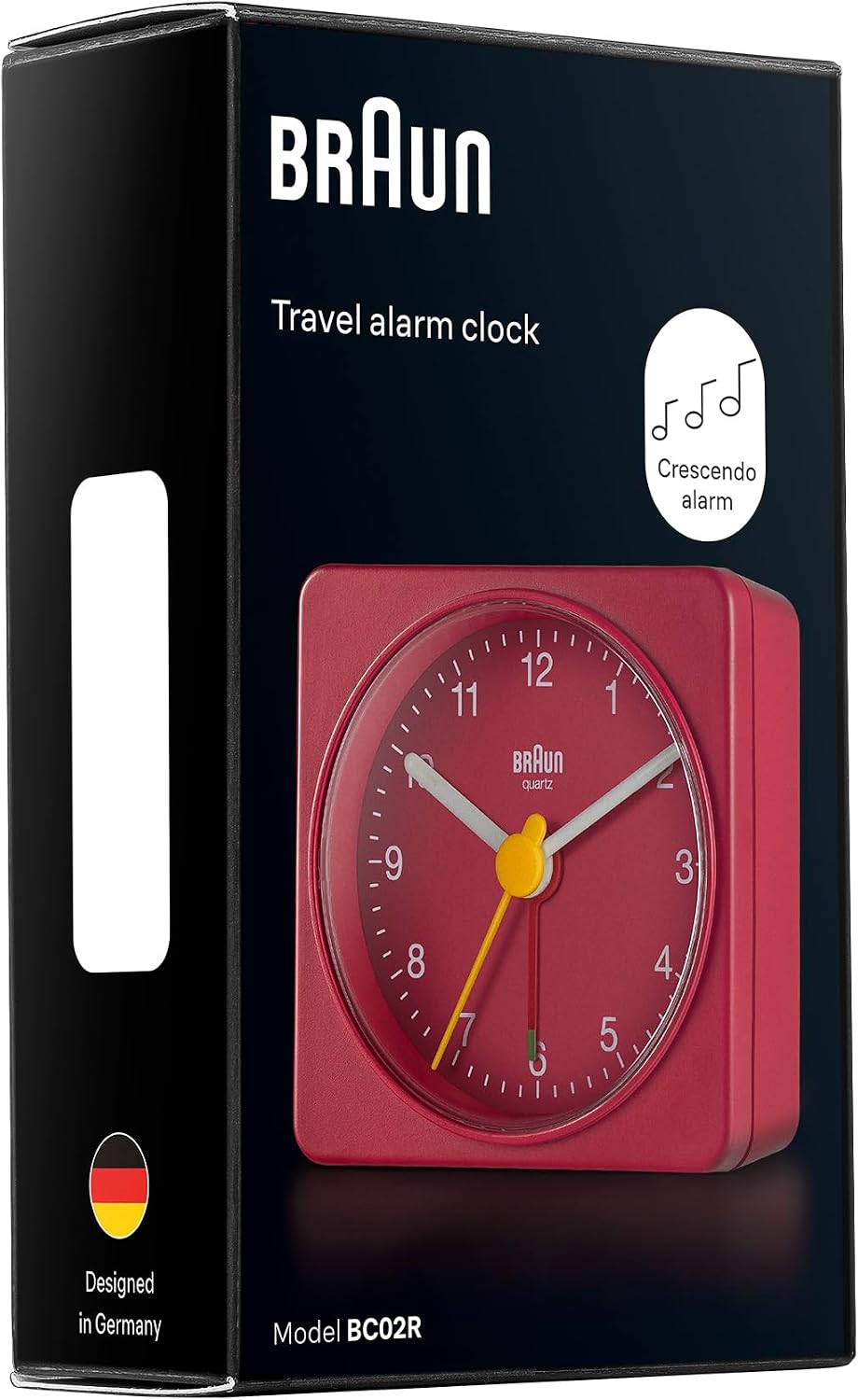 Braun Classic Travel Analogue Alarm Clock with Snooze and Light, Compact Size, Quiet Quartz Movement, Crescendo Beep Alarm in Black and White, Model BC02XBW.