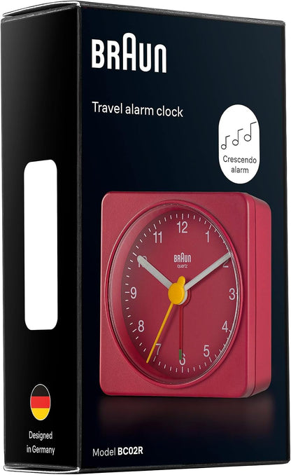 Braun Classic Travel Analogue Alarm Clock with Snooze and Light, Compact Size, Quiet Quartz Movement, Crescendo Beep Alarm in Black and White, Model BC02XBW.