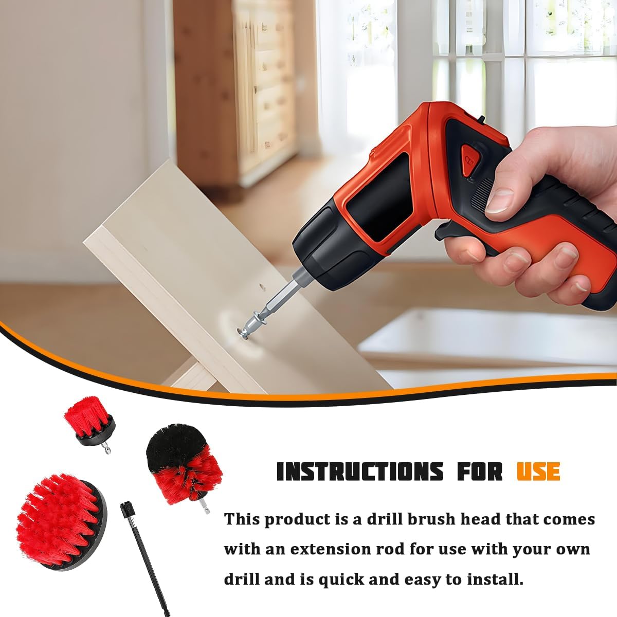 4PCS Drill Brush Attachment Kit with Extension Rod, Red | PP bristles with steel shafts, three brush sizes, quick-change extension rod, follows curved surfaces, compact storage