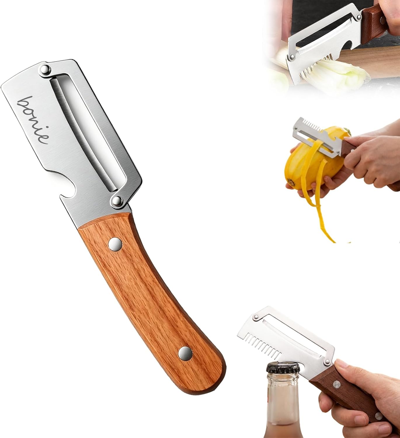 Multi-Functional Stainless Steel Thickened Fruit Peeler Knife, 2026 New 3 in 1 Stainless Steel Blade Peeler for Kitchen with Wooden Handle and Bottle Opener for Vegetable & Fruit (MIX, 2PCS)