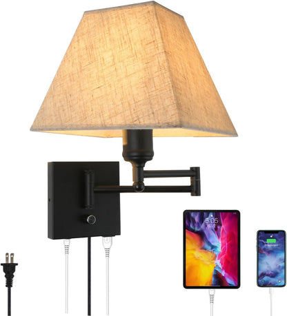 Wall Mounted Lamp Plug in Wall Sconce with Dimmable Switch Swing Arm Wall Lamp Whire Fabric Shade with USB Port Gold Wall Sconce Suitable for Hallway Bedroom Living Room…