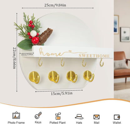 Key Holder for Wall, Key and Mail Holder Organizer - Key Holder Wall Mount with Bouquet Shelf and Key Hooks, Round Wooden Rustic Key Rack for Entryway and Home Decor (Black)