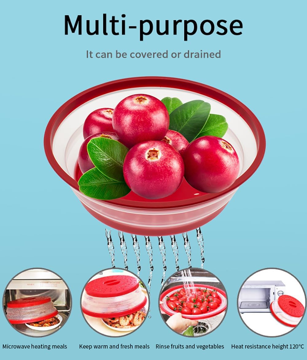 Microwave Splatter Cover Collapsible Microwave Cover for Food 10.5 inch | Easy Grip Handle, Fruit Drainer, BPA-Free, Dishwasher Safe, Grey