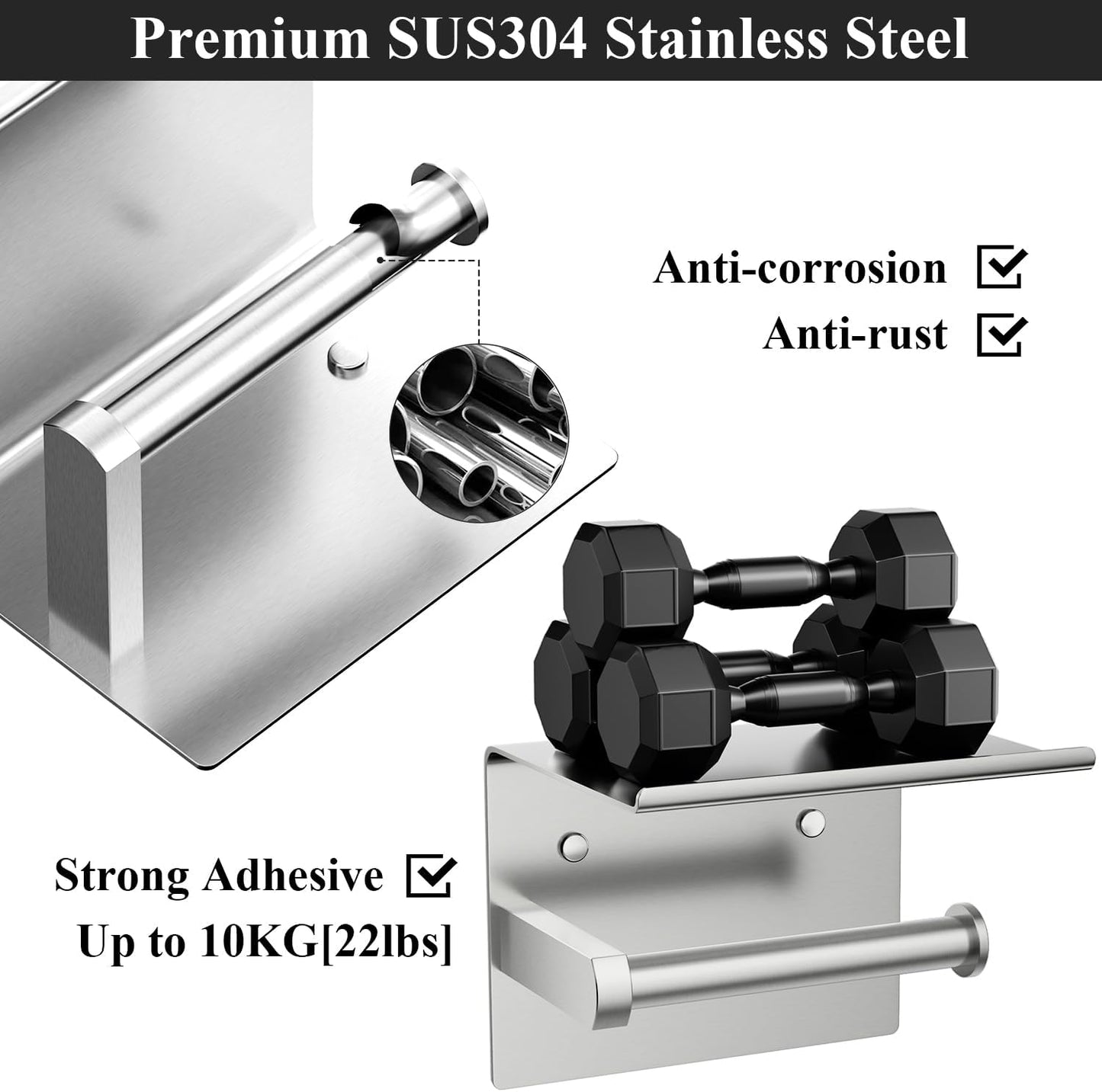 Tindbea Toilet Paper Holder Wall Mount + Towel Robe Hooks, Adhesive or Screw Wall Mounted Toilet Paper Roll Holder with Shelf, Stainless Steel Bathroom Organizers and Storage Kit (Brushed Gold)