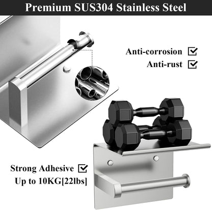 Tindbea Toilet Paper Holder Wall Mount + Towel Robe Hooks, Adhesive or Screw Wall Mounted Toilet Paper Roll Holder with Shelf, Stainless Steel Bathroom Organizers and Storage Kit (Brushed Gold)
