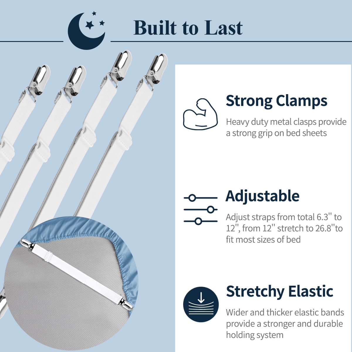 Sopito Sheet Straps, Adjustable Elastic Bed Sheet Holder, 4pcs White | Keep Sheet Firm & Tight, Non-Slip Strong Gripping Sheet Clips, Max Stretch 26.8'' for Crib to King Size Bed, Easy to Install