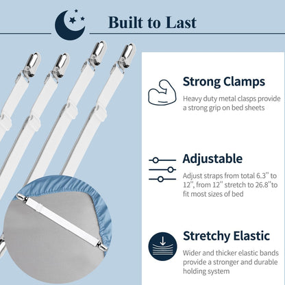 Sopito Sheet Straps, Adjustable Elastic Bed Sheet Holder, 4pcs White | Keep Sheet Firm & Tight, Non-Slip Strong Gripping Sheet Clips, Max Stretch 26.8'' for Crib to King Size Bed, Easy to Install