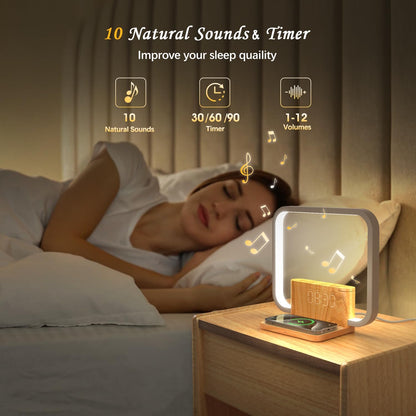Sunrise Alarm Clock for Heavy Sleepers with Wireless Charger, Wake Up Light, Sleep Aid with 10 Nature Sounds for Bedroom, White Noise Sound Machine for Adults, 3 Way Dimmable Touch Table Lamp