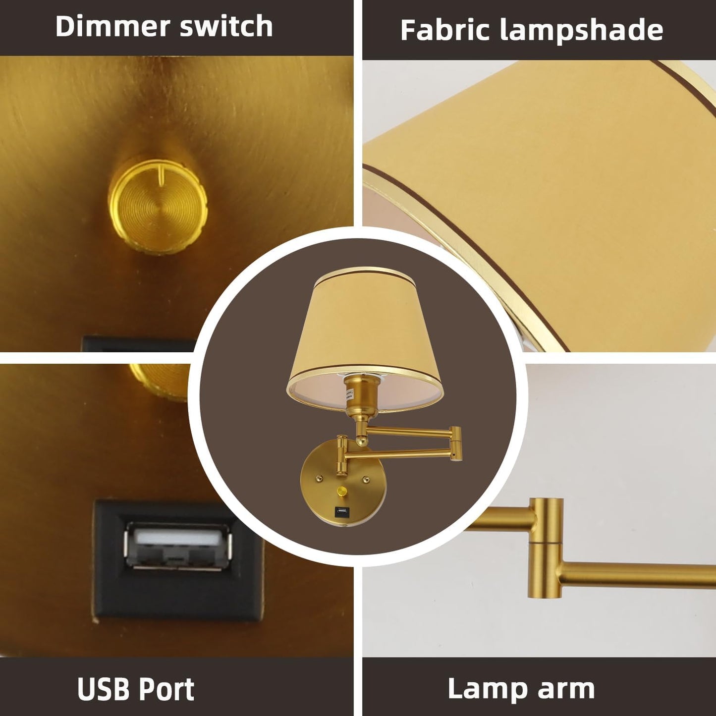 Swing Arm Wall Lamp Plug in Wall Sconces Adjustable Vintage Industrial Reading Light Bedside Wall Mount Light with Dimmable Switch and USB Port Black