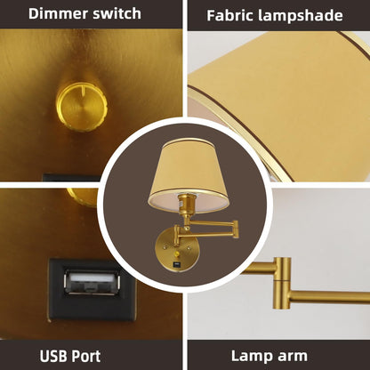 Swing Arm Wall Lamp Plug in Wall Sconces Adjustable Vintage Industrial Reading Light Bedside Wall Mount Light with Dimmable Switch and USB Port Black