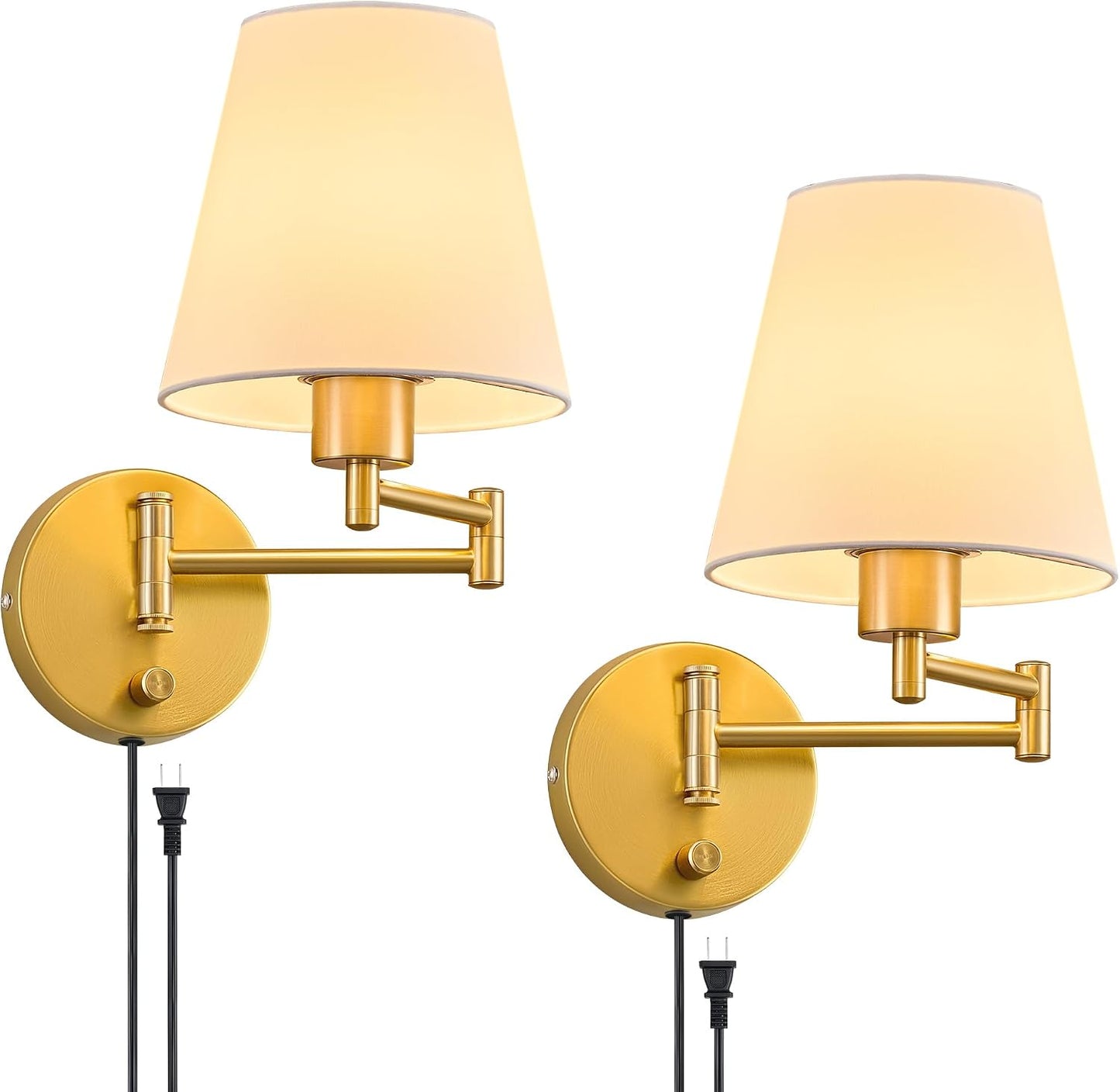 VONLUCE Wall Lamp, Plug in & Swing Arm Wall Sconce, Nickel Finish | Modern Wall Lights with White Fabric Shades, Plug in & Hardwired Wall Mounted Light for Bedside, Living Room, Hallway