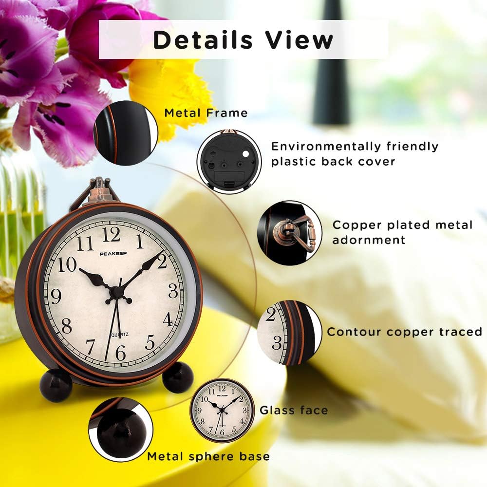 Peakeep 4" Small Battery Operated Antique Retro Analog Alarm Clock | with Contour Lines in Gold for Room Decor, Silent Elegant Bedside Desk Table Gift Clock