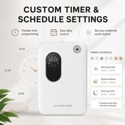 JUSTBLOOM Hotel Essential Oil Diffuser, Waterless Fragrance Diffuser | Up to 4000 Sq Ft: Smart App Control, Cold Air Diffusion, ,360° Ambient Light, Auto Shut-Off, Premium Aluminum Design