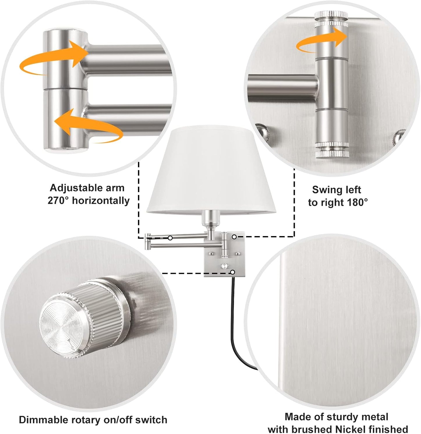 TRLIFE Wall Sconce Plug in, Dimmable Wall Sconces Set of Two Swing Arm Wall Lights with Plug in Cord and On/Off Dimmer Rotary Switch, 9.4" Medium Beige Fabric Shade(2 Pack, 2 Bulbs)