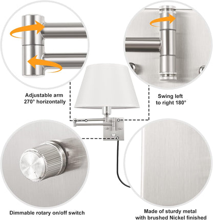 TRLIFE Wall Sconce Plug in, Dimmable Wall Sconces Set of Two Swing Arm Wall Lights with Plug in Cord and On/Off Dimmer Rotary Switch, 9.4" Medium Beige Fabric Shade(2 Pack, 2 Bulbs)