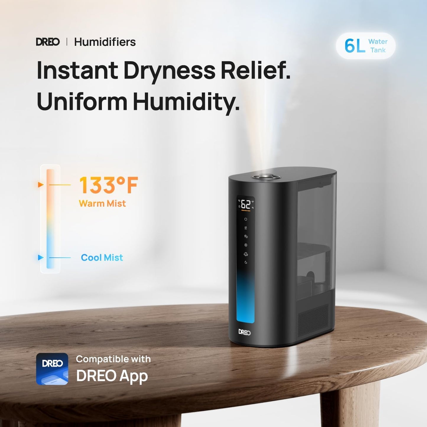 DREO 6L Smart Humidifiers for Bedroom, Warm & Cool Mist for Large Room | 60-Hour Quiet Runtime, 500ML/H Output, Smart Humidity Sensor, Indicator Light, App Control, Works with Alexa & Google, Silver