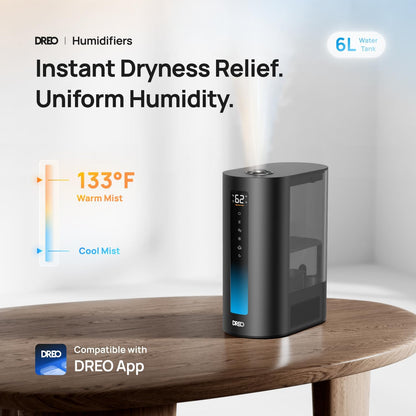DREO 6L Smart Humidifiers for Bedroom, Warm & Cool Mist for Large Room | 60-Hour Quiet Runtime, 500ML/H Output, Smart Humidity Sensor, Indicator Light, App Control, Works with Alexa & Google, Silver