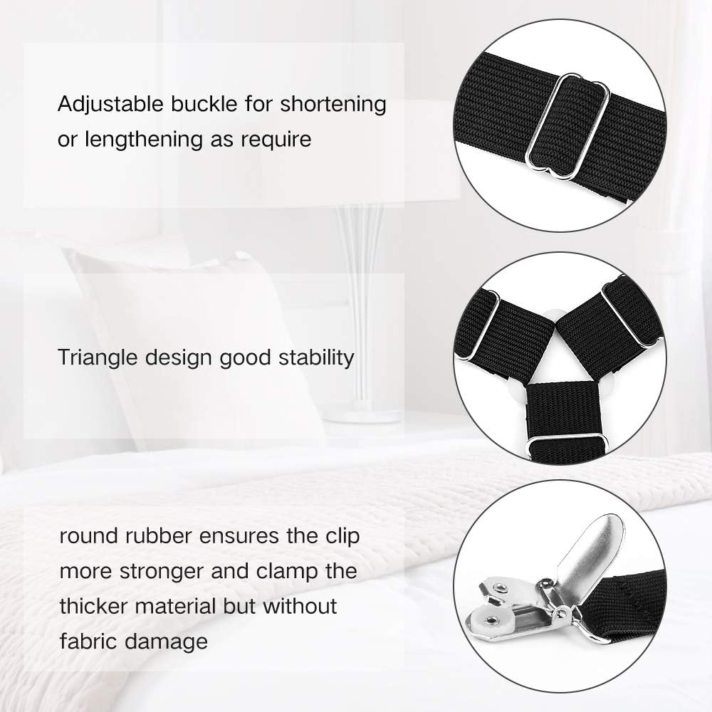 Foloda Sheet Holders, 4 pcs Adjustable Bed Sheet Straps, Fitted Sheet Holder Clips Fasteners Suspenders Gripper Locker Scrunchie for Bed Mattress Corners, Keep Sheet Firm Tight