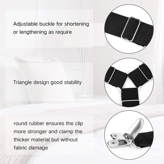 Foloda Sheet Holders, 4 pcs Adjustable Bed Sheet Straps, Fitted Sheet Holder Clips Fasteners Suspenders Gripper Locker Scrunchie for Bed Mattress Corners, Keep Sheet Firm Tight