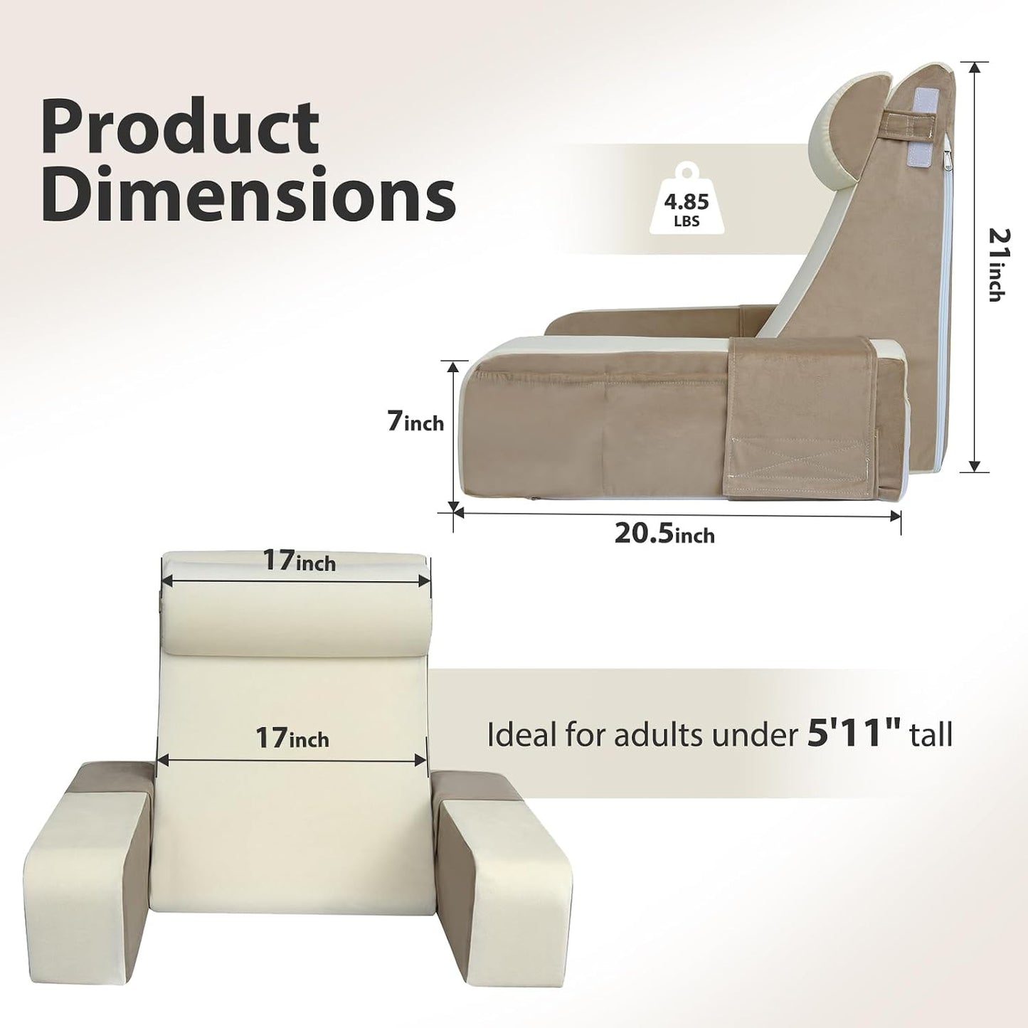 Vekkia 21" Reading Pillow for Bed with Adjustable Arms and XL Side Pockets | 60° Wedge Back Support, Washable Cover, Support Chair for TV, Gaming, Working, Nursing, Recovery in Bed & Floor, Black/Gray