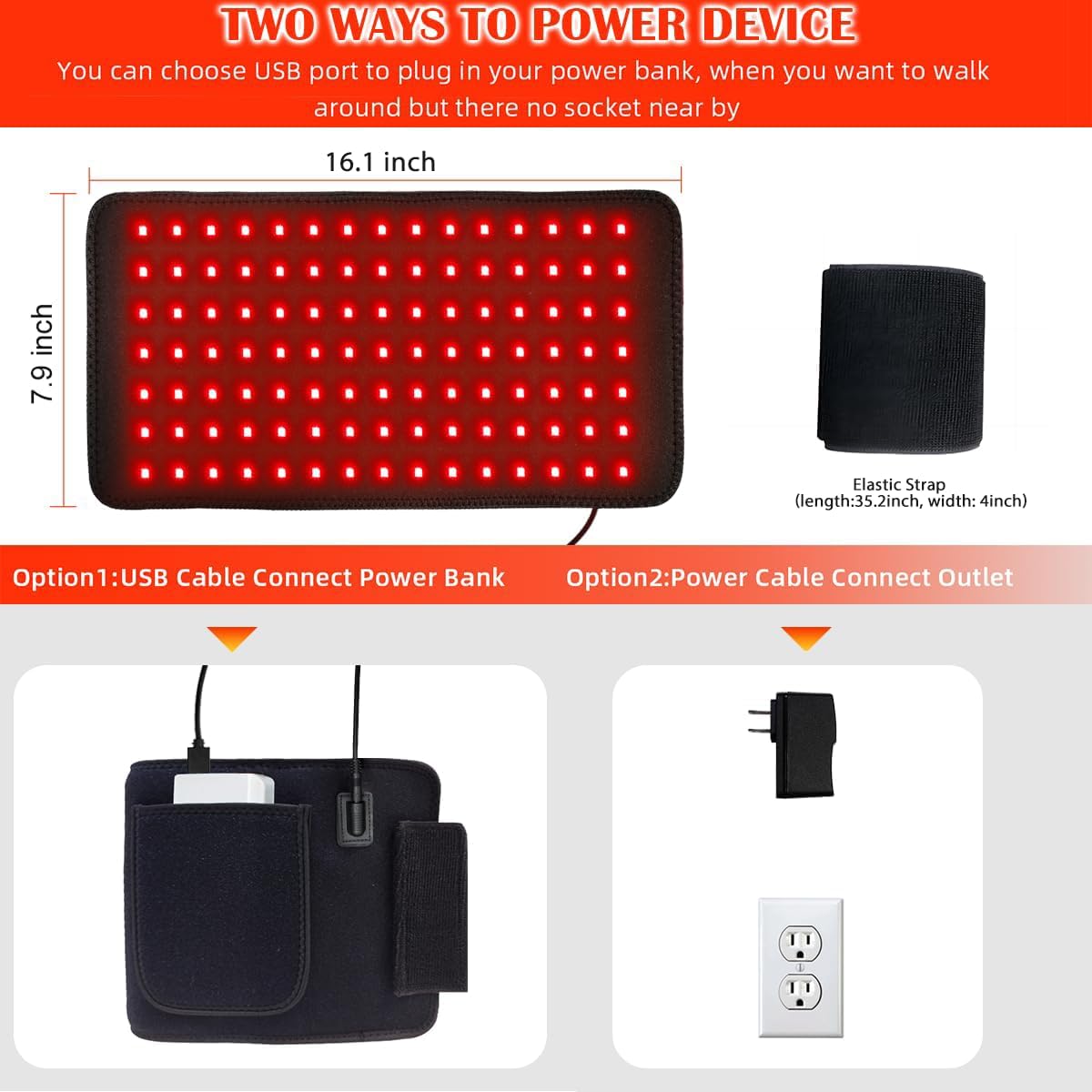 bonodave Red Light Pad for Body Back Knee Shoulder Hands Feet 660nm 850nm Home Use 3 Chips in 1 Infrared Wrap Belt Gift for Women Men (Corded)