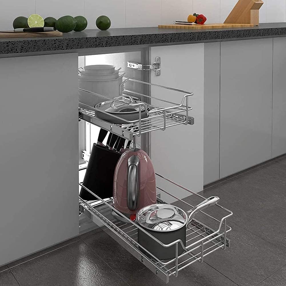 Pull Out Cabinet Organizer 15" W X 22" D, Chromed, Full Slide Out Drawers | For Kitchen Organizers and Storage, Pull Out Drawers For Cabinets Capacity Heavy Duty Caddy, Cabinet Shelves, Bathroom Pantry