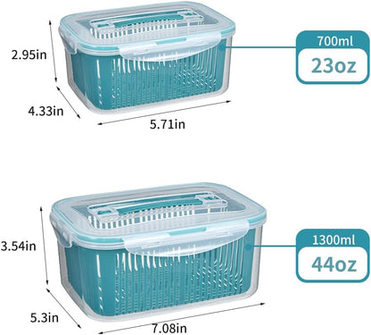 2 Pack Fruit Storage Containers for Fridge w/Removable Colander | 44oz+23oz - Stackable & Handle, Fresh Food Produce Saver Containers with Removable Colander, Vegetable Lettuce Keeper Bowl