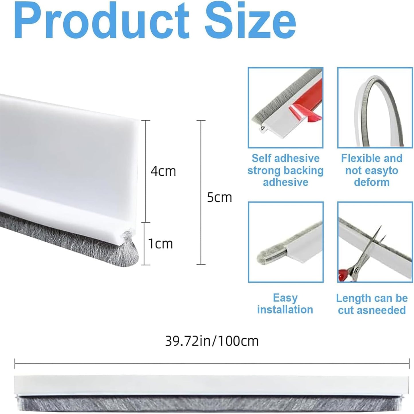 39-inch Door Draft Stopper with Brush - Adhesive Weather Stripping Seal for Exterior/Interior Doors | Under Door Sweep Blocks Drafts, Noise & Dust | Fits 1/4"-1" Gaps(White)