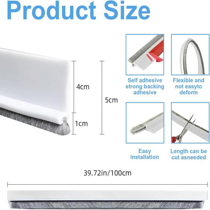 39-inch Door Draft Stopper with Brush - Adhesive Weather Stripping Seal for Exterior/Interior Doors | Under Door Sweep Blocks Drafts, Noise & Dust | Fits 1/4"-1" Gaps(White)